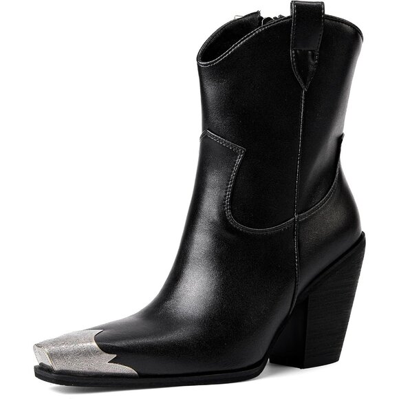🆕Women Black Western Ankle Boots Metal Toe Booties Stacked Block Heeled Shoes - Picture 1 of 5
